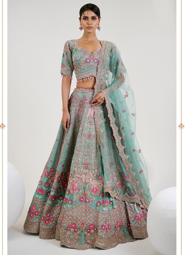 Organza Sky Blue Bridal Wear Embroidery Work Ready To Wear Lehenga Choli